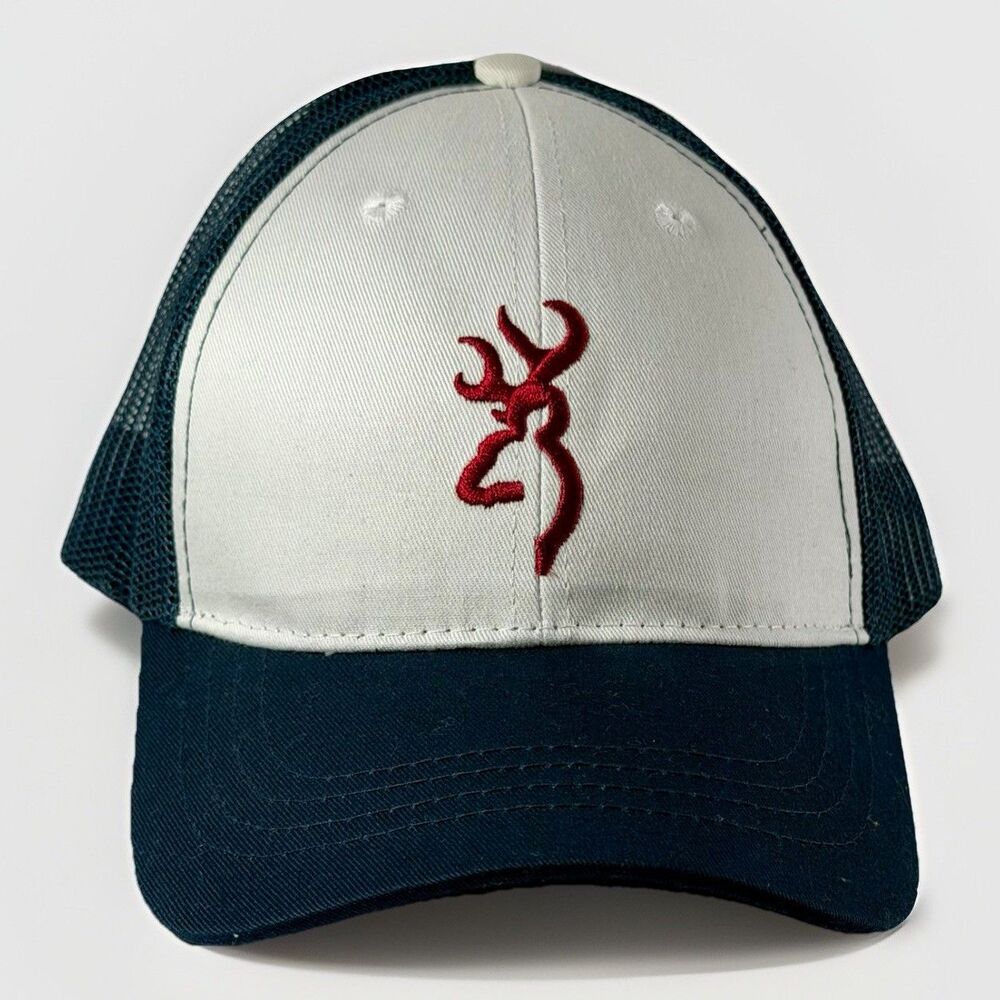 Browning Buckmark Trucker Hat Navy White Mesh Snapback Deer Logo Cap USA Flag